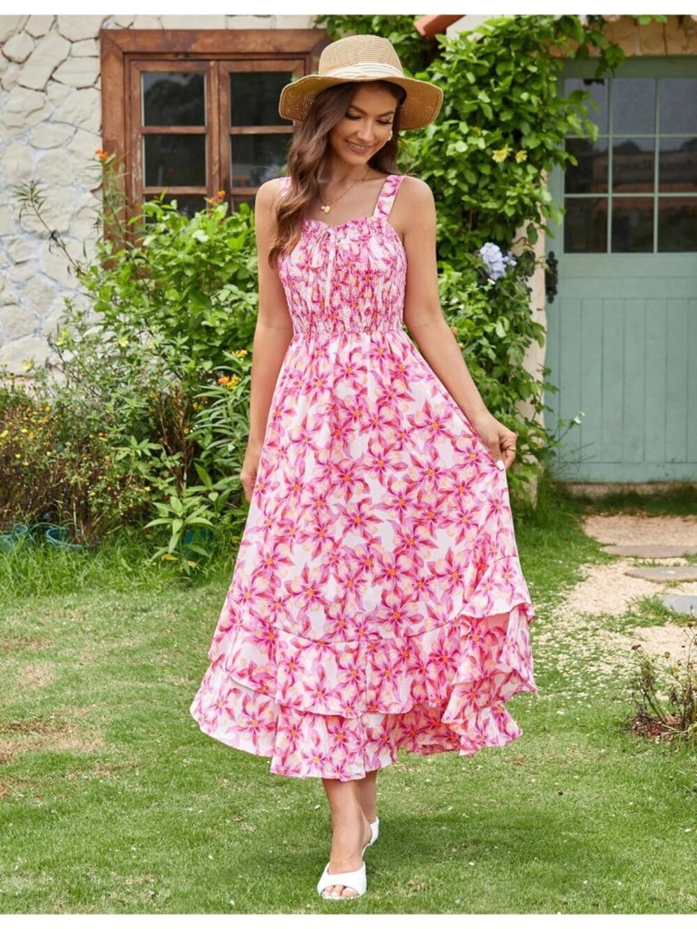 〽️Women Pink Yellow Flower Square Neck Strapped A LINE Floral Long Maxi Dress